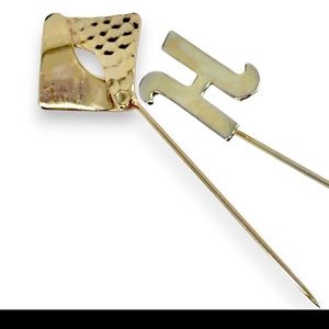 Pair of Vintage Stick Hat Pins Gold Tone Textured Diamond Shape & "H" Monogram